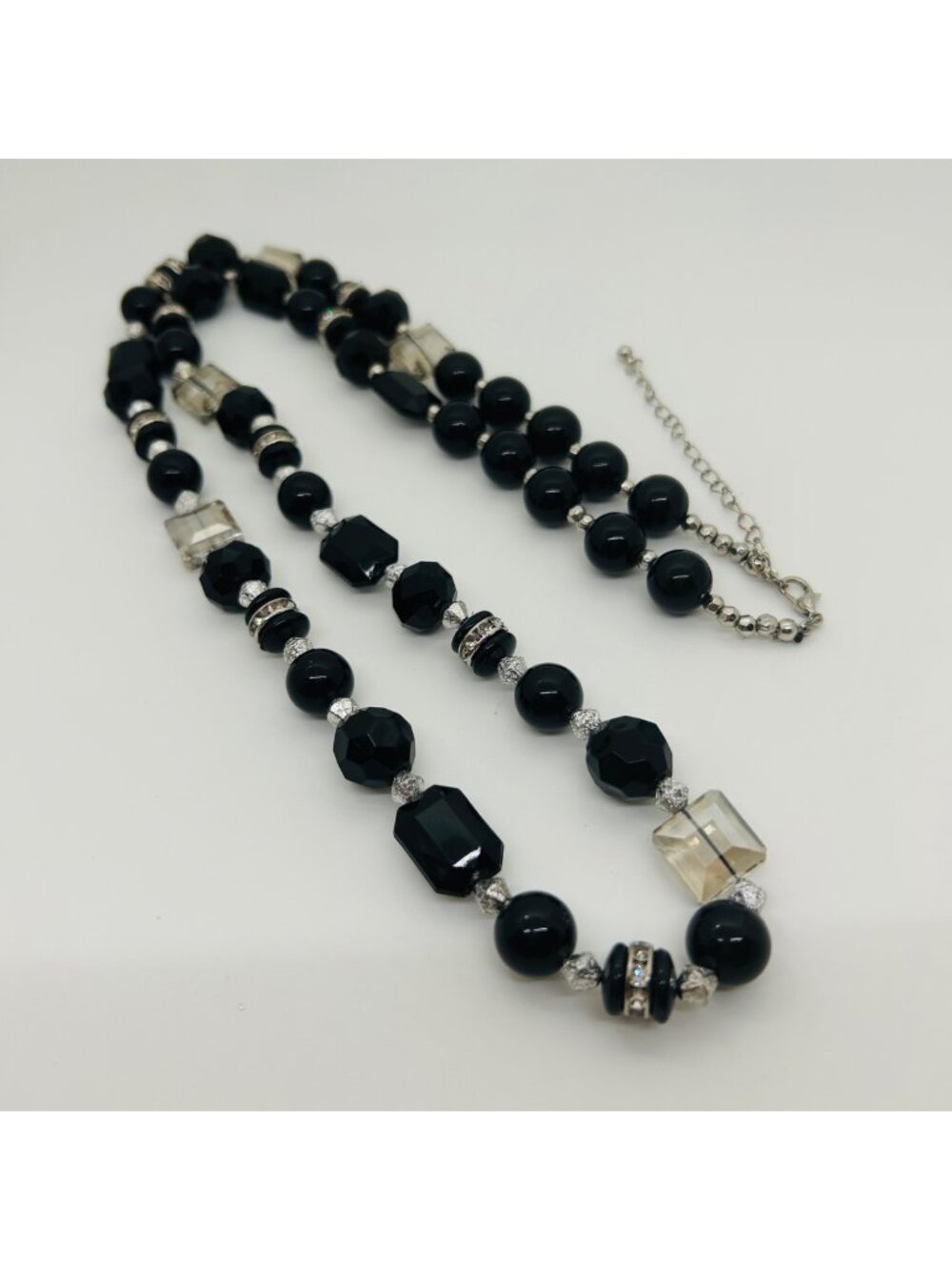 Black Beaded Statement Necklace Acrylic Rhinestone Spacers Chunky Retro Style